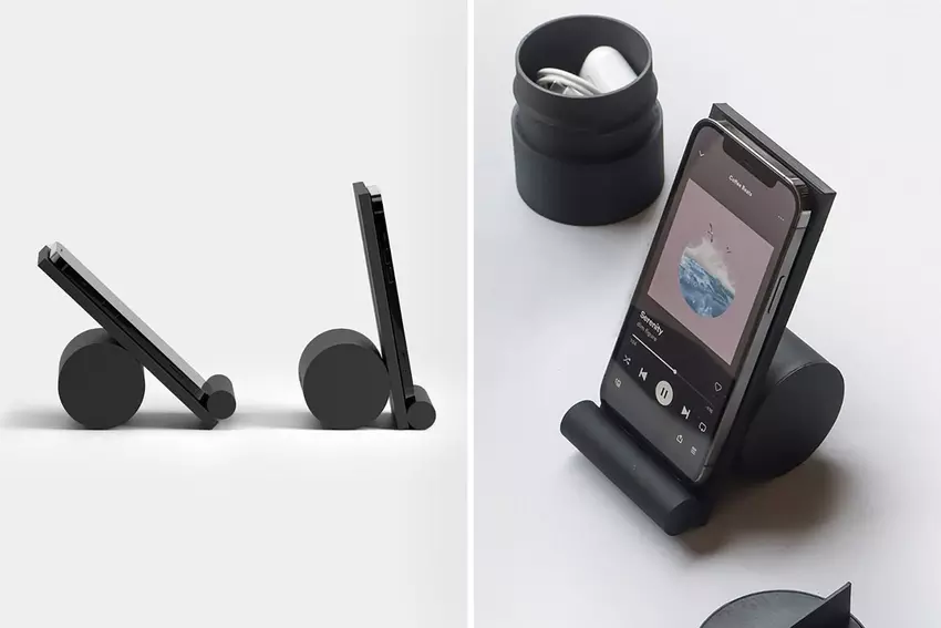 Das von Memphis inspirierte Design dieses verstellbaren Telefonständers bietet sogar Platz für ein Ladekabel