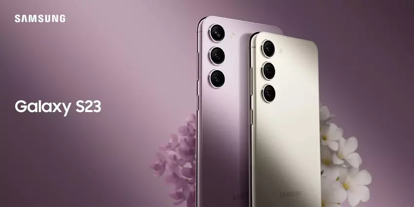 Werbeplakate zeigen die Hauptmerkmale und die bescheidene Ausstattung des Samsung Galaxy S23 und Galaxy S23+