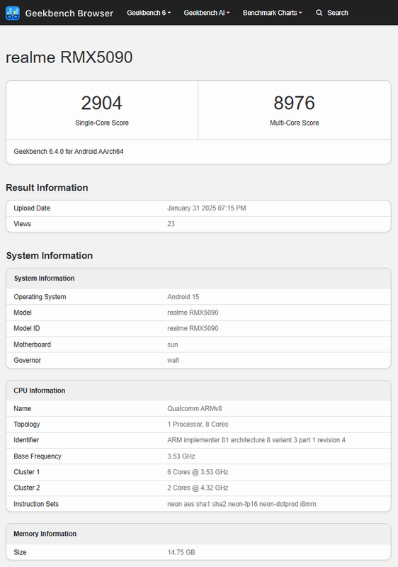 Realme RMX5090 (GT 7) Leistungstestergebnisse. Abbildung: Geekbench