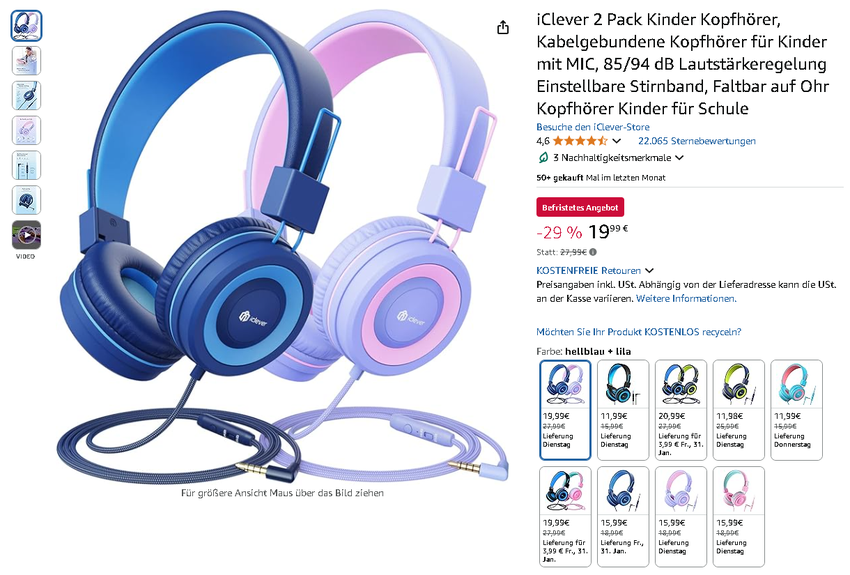 Screenshot der iClever Kinderkopfhörer. Quelle: Amazon