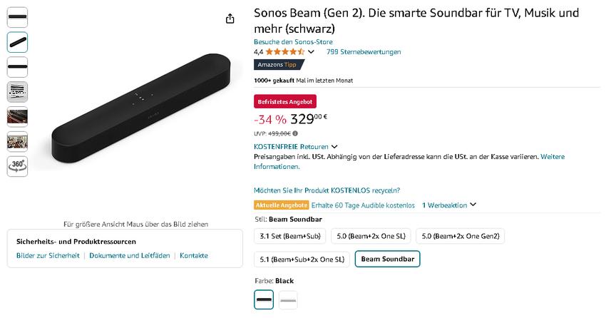 Screenshot der Sonos Beam (Gen 2) auf Amazon