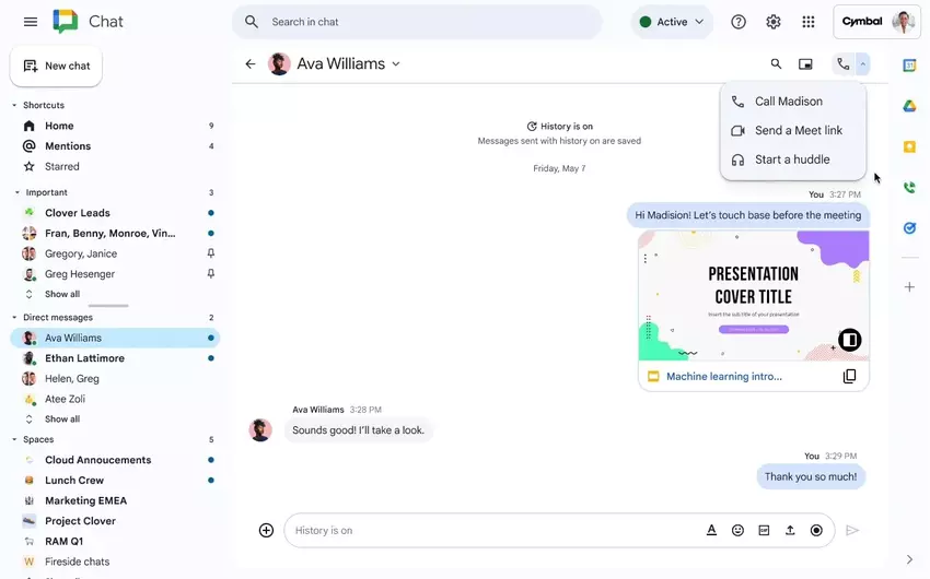 Google Chat führt Huddles-Audiomeetings mit Google Meet-Integration ein
