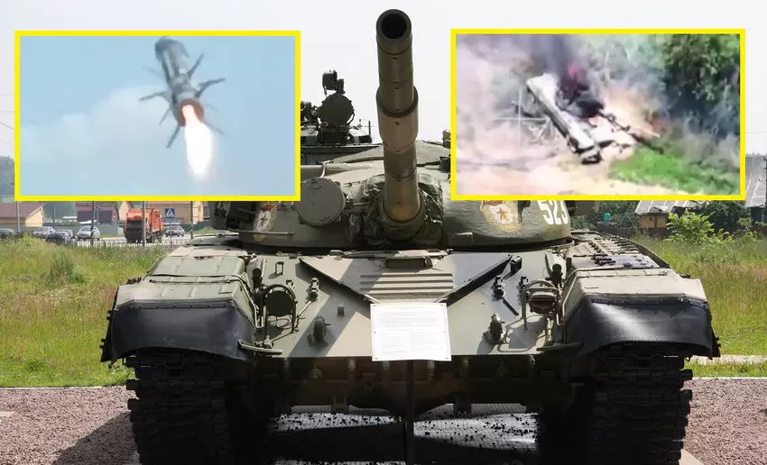 Ukrainische Verteidigungskräfte zerstörten auf spektakuläre Weise einen russischen T-72A-Panzer mit einem KMT-6 Minenräumgerät und einer Javelin-Rakete