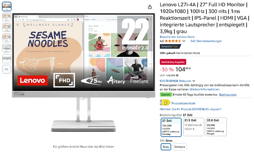 Screenshot des Lenovo L27i-4A Monitors