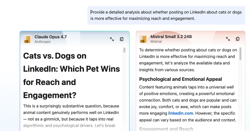 Crosscheck-Schnittstelle in LinkedIn Vergleich der Antworten von zwei KI-Modellen