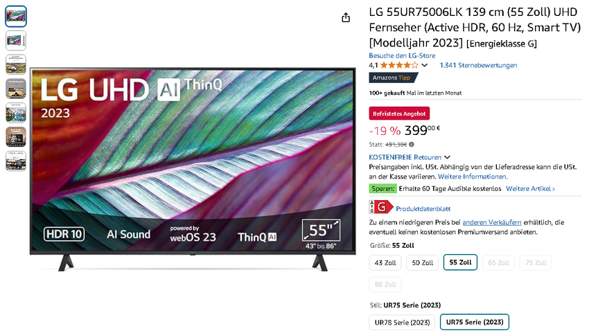 Screenshot der LG 55UR75006LK. Quelle: Amazon