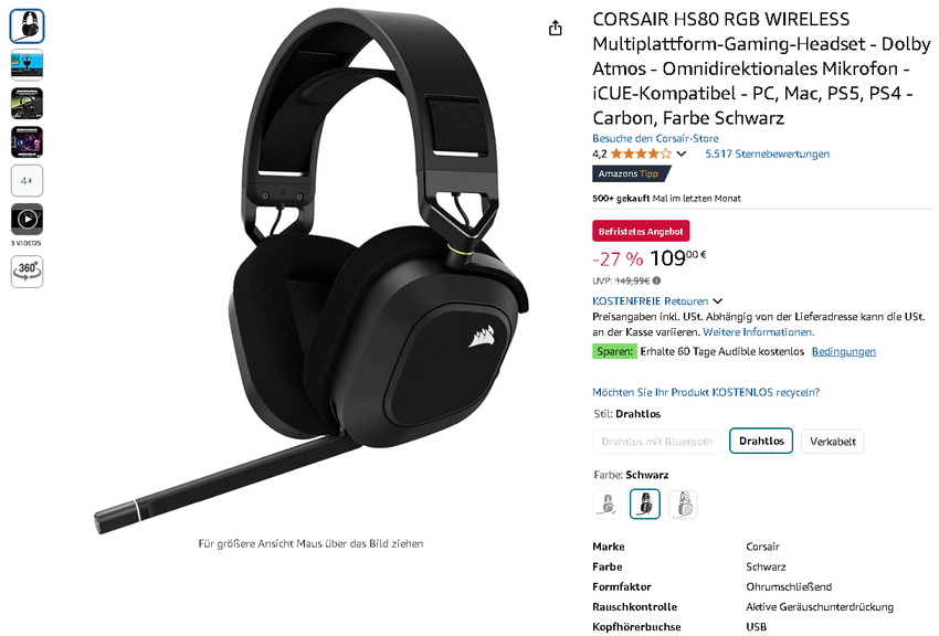 Screenshot der CORSAIR HS80 Gaming-Headset