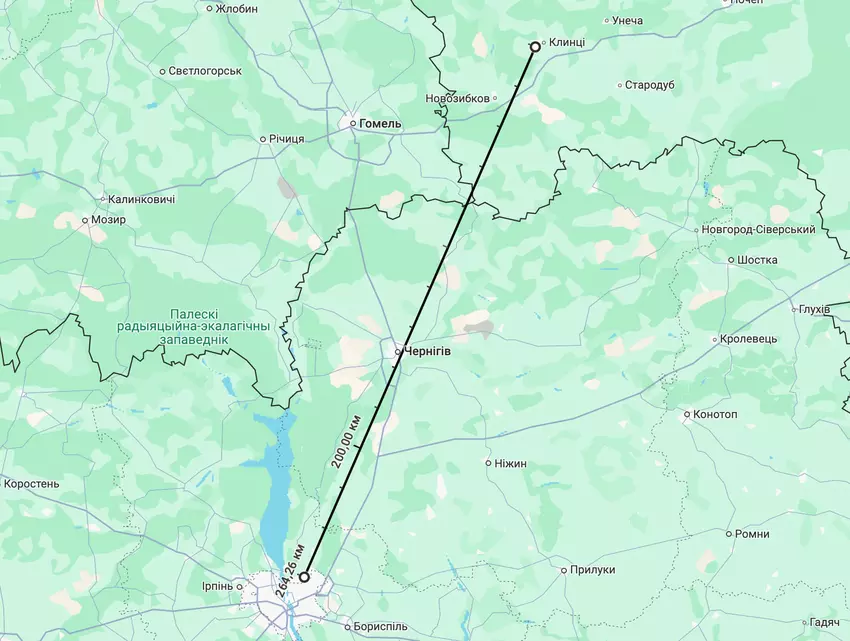 Karte der Entfernung von Klintsy nach Kiew