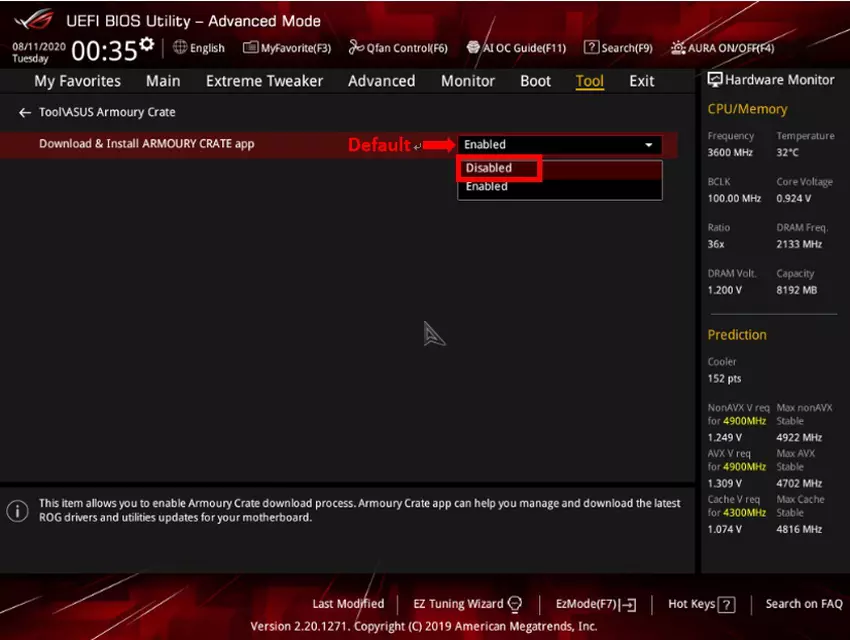 Bildschirm zum Deaktivieren des Dienstprogramms Armoury Crate im BIOS