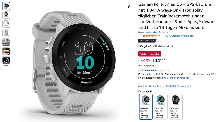 Screenshot der Garmin Forerunner 55
