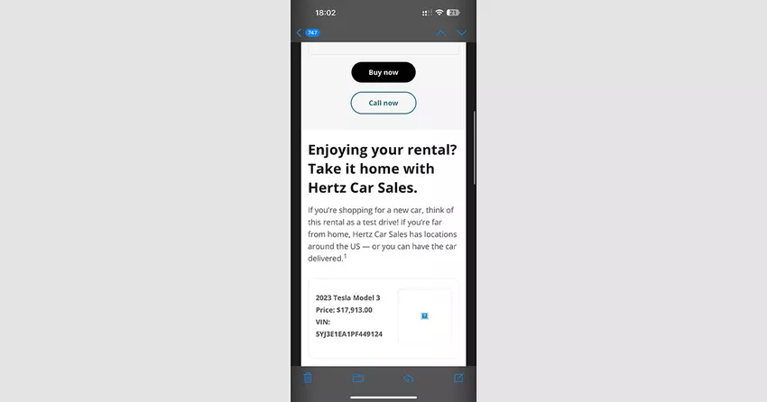 Screenshot einer E-Mail von Hertz mit dem Angebot, das Tesla Model 3 zurückzukaufen