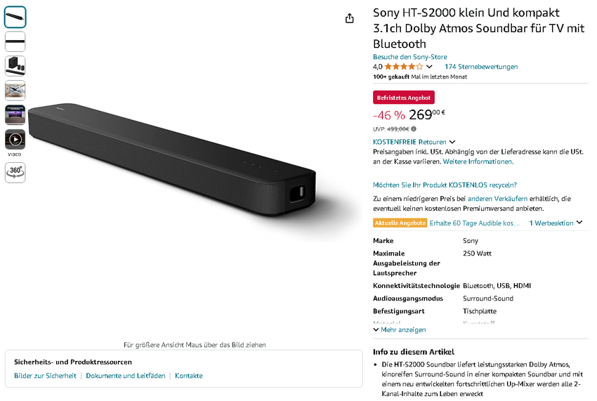 Screenshot der Sony HT-S2000 Soundbar auf Amazon