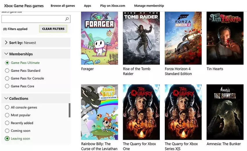 Screenshot von der Xbox-Website