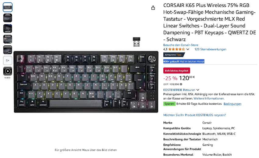 CORSAIR K65 Plus Wireless Gaming Tastatur