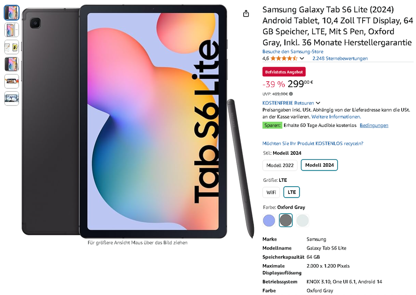 Screenshot der Samsung Galaxy Tab S6 Lite (2024)
