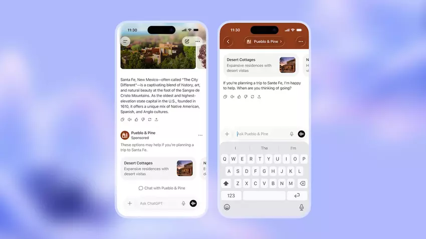 ChatGPT-Oberfläche mit einem Beispiel für integrierte Anzeigen