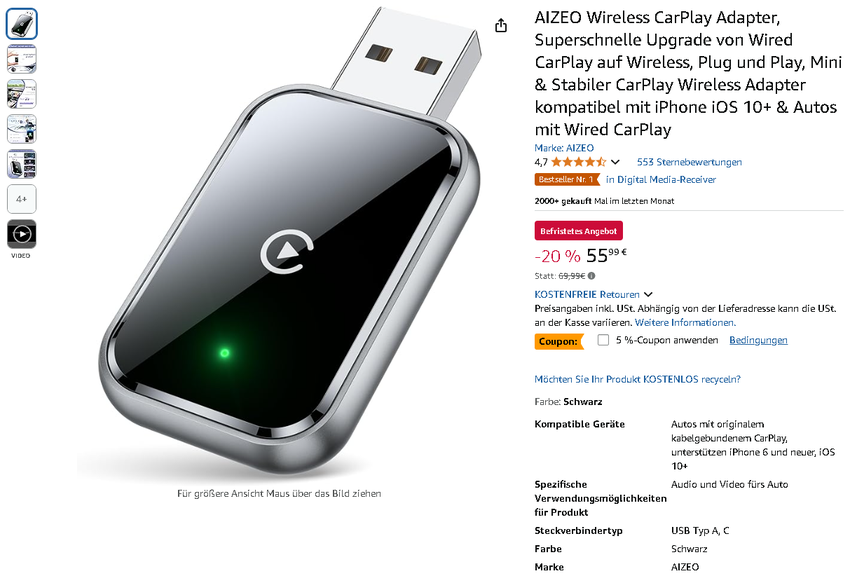 Screenshot der AIZEO Wireless CarPlay Adapter