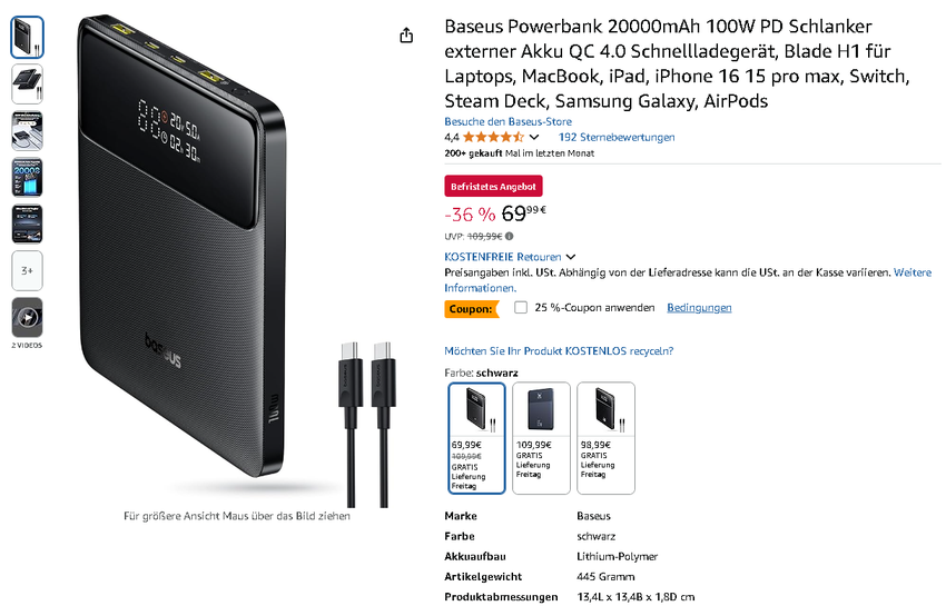 Screenshot der Baseus Powerbank