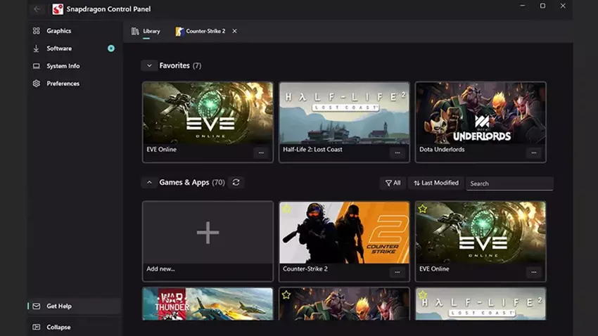 Screenshot der Benutzeroberfläche des Snapdragon Control Panel