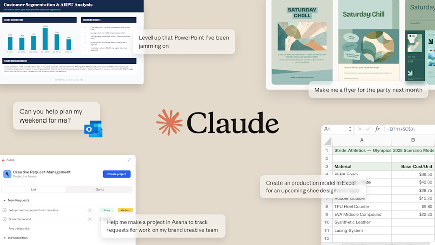 Illustration mit Claudes Logo und Beispielen für den Einsatz von KI für Büroaufgaben