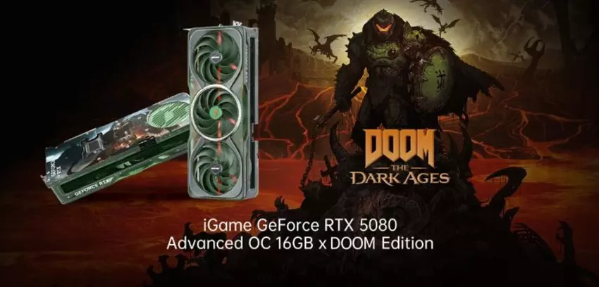 Bunt angekündigte RTX 5080 Grafikkarte im Stil von Doom: The Dark Ages