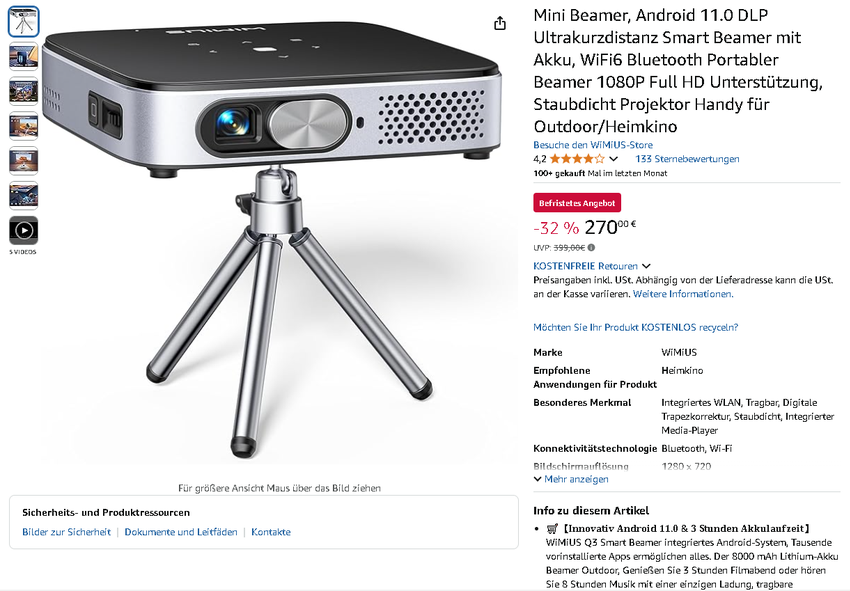 Screenshot des WiMiUS Q3 Mini Beamers auf Amazon
