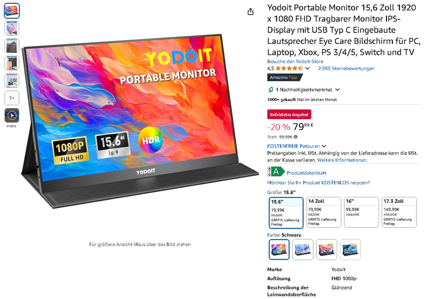 Yodoit 15,6-Zoll portable Monitor