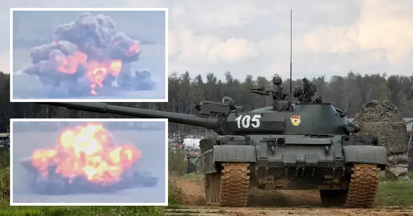 Die ukrainische FPV-Drohne Pegas+ zerstörte auf spektakuläre Weise einen russischen T-62MV-Panzer mit einer Feuerstelle auf dem Turm