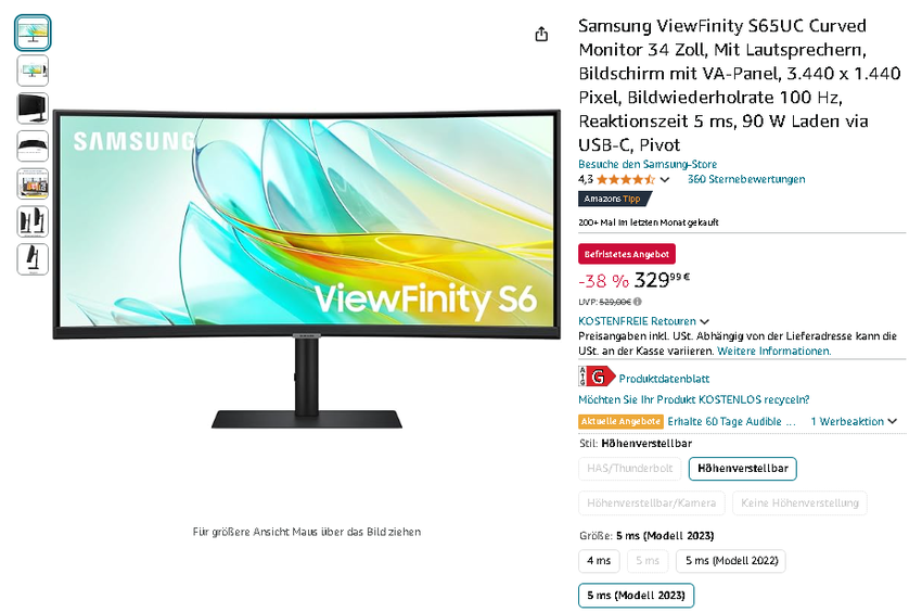 Samsung ViewFinity S65UC Ultra-Wide Monitor