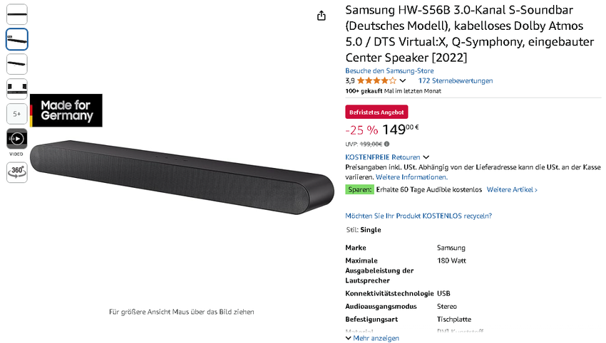 Screenshot der Samsung HW-S56B. Quelle: Amazon