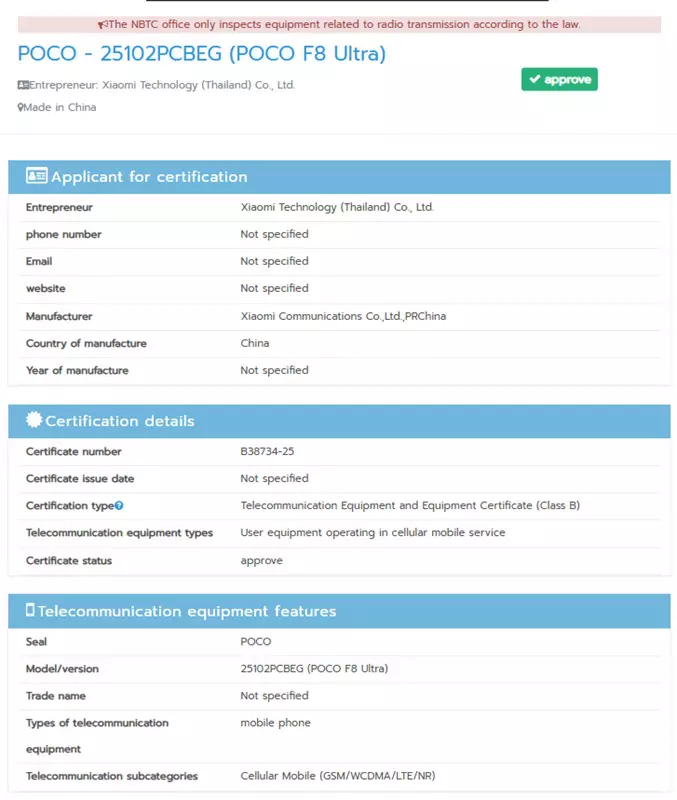 Smartphone Poco F8 Ultra, von NBTC zertifiziert