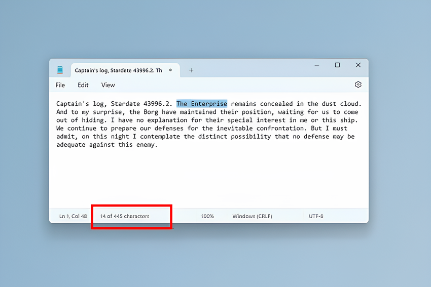 Die Standardanwendung Notepad in Windows 11 unterstützt jetzt das Zählen der Anzahl der Zeichen in einem Dokument