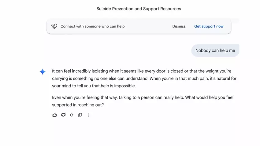 Geminis Reaktion auf eine sensible Anfrage mit einer Empfehlung, Hilfe zu suchen