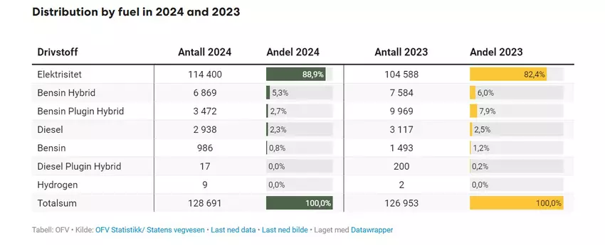 Verteilung nach Kraftstoffart in den Jahren 2024 und 2023. Screenshot. Illustration: OFV