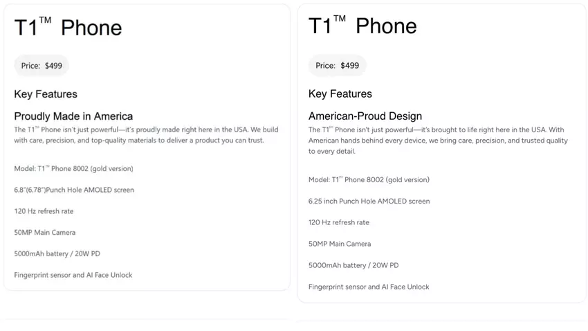 Alte und aktualisierte Beschreibung des T1 Phone Smartphones