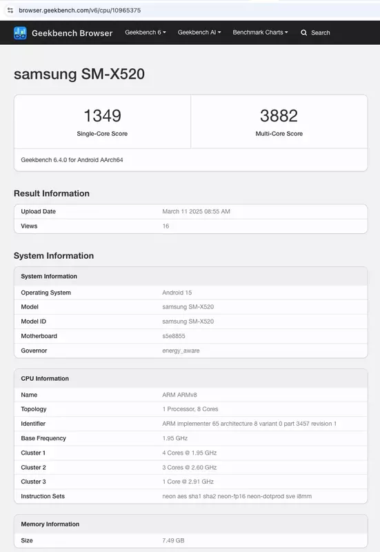 Galaxy Tab S10 FE Leistungsergebnisse im Geekbench Benchmark-Test
