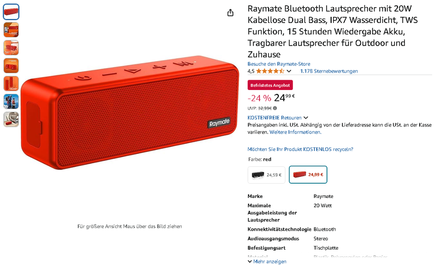 Screenshot der Raymate R5 Bluetooth Lautsprecher