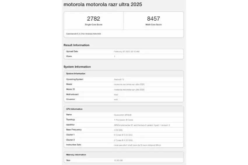 Motorola Razr Ultra 2025 von Geekbench Code