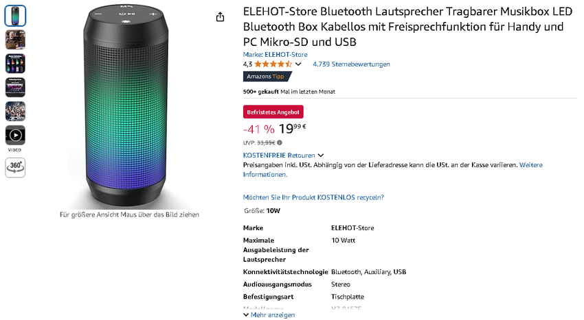 Screenshot der ELEHOT-Store Lautsprecher