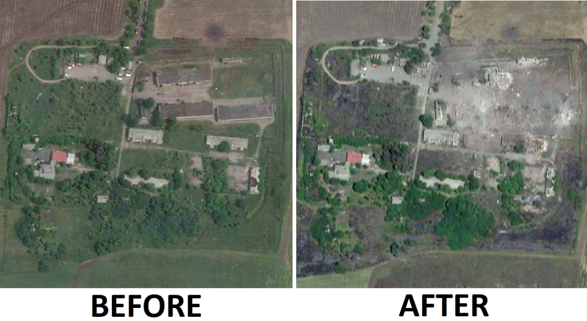 Satellitenbilder zeigen die Überreste des Munitionslagers in Shakhtyorsk nach dem HIMARS-Schlag (nichts)