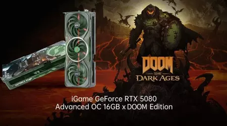 Bunt angekündigte RTX 5080 Grafikkarte im Stil von Doom: The Dark Ages