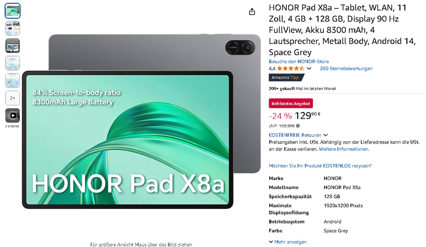 Screenshot der HONOR Pad X8a