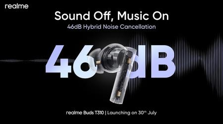 Die realme Buds T310 mit ANC, IP55-Schutz und bis zu 40 Stunden Akkulaufzeit werden am 30. Juli vorgestellt.