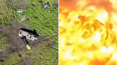 Ein ukrainischer Quadrocopter hat mit einer einzigen Granate spektakulär eine russische UR-77 "Meteorit"-Selbstfahrlafette mit 700 kg Sprengstoff in Stücke gerissen