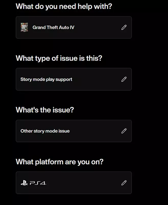 Screenshot von Rockstars Support-Seite, der die PS4 als Plattform für GTA IV zeigt