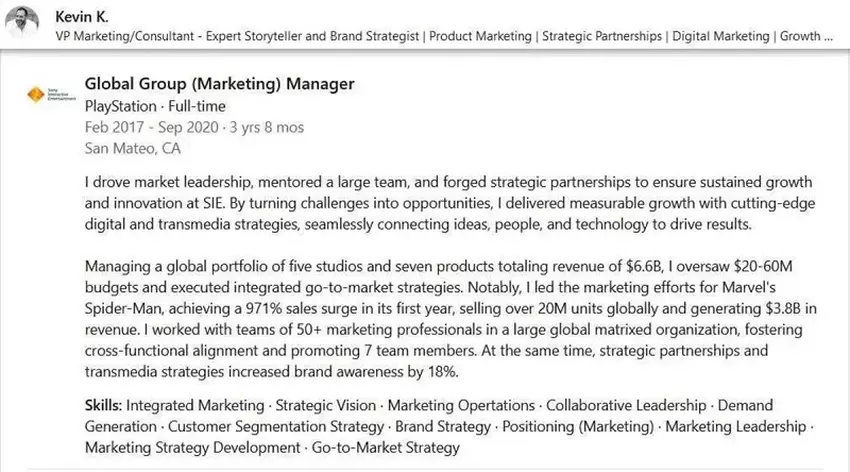 Скриншот профиля Kevin K. в Linkedin