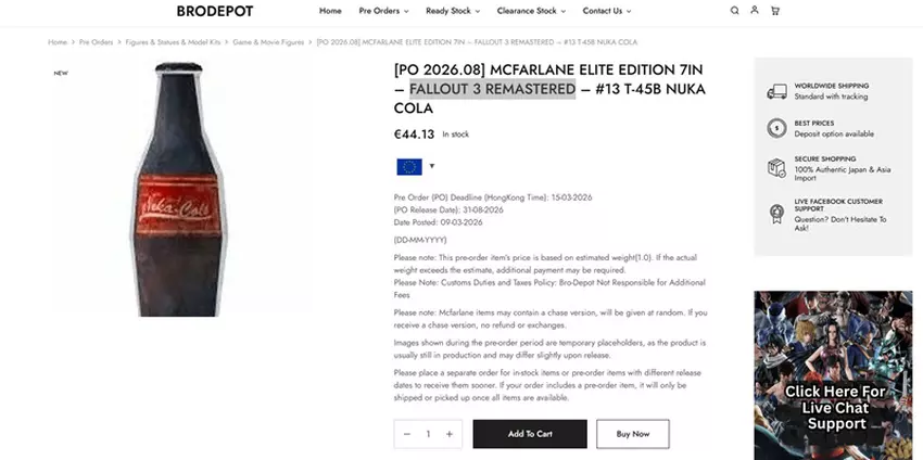 Screenshot der entfernten Seite mit Nuka Cola Merch für Fallout 3 Remastered