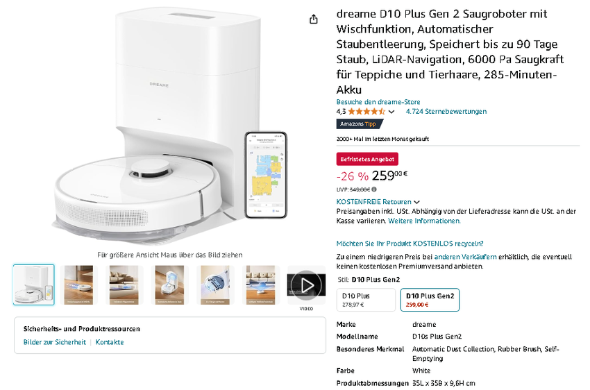 Screenshot der Dreame D10 Plus Gen 2