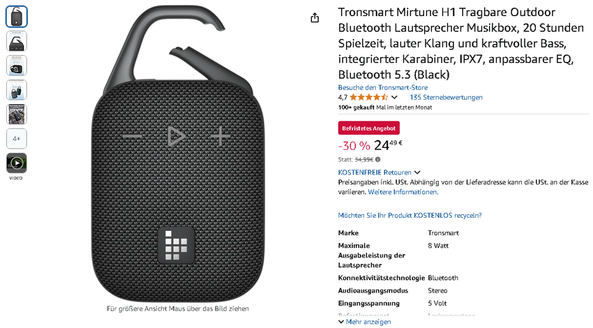 Screenshot des Tronsmart Mirtune H1 Bluetooth-Lautsprechers