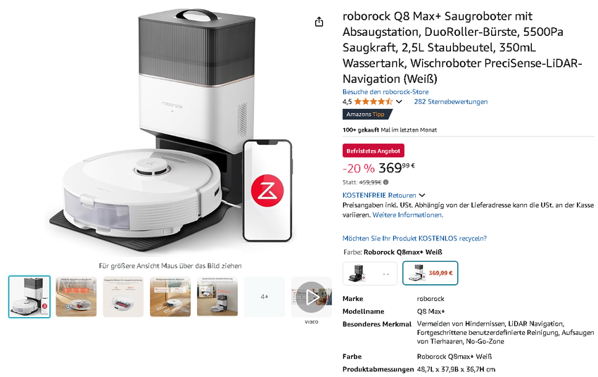 Screenshot des Roborock Q8 Max+.